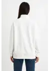 SBRD- Kadın 3 İplik Pamuklu Dık Yaka Yarım Fermuarlı Sweatshirt - Beyaz