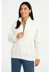 SBRD- Kadın 3 İplik Pamuklu Dık Yaka Yarım Fermuarlı Sweatshirt - Beyaz