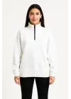 SBRD- Kadın 3 İplik Pamuklu Dık Yaka Yarım Fermuarlı Sweatshirt - Beyaz