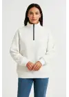 SBRD- Kadın 3 İplik Pamuklu Dık Yaka Yarım Fermuarlı Sweatshirt - Beyaz