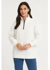 SBRD- Kadın 3 İplik Pamuklu Dık Yaka Yarım Fermuarlı Sweatshirt - Beyaz