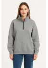 SBRD- Kadın 3 İplik Pamuklu Dık Yaka Yarım Fermuarlı Sweatshirt - Gri