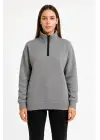 SBRD- Kadın 3 İplik Pamuklu Dık Yaka Yarım Fermuarlı Sweatshirt - Gri