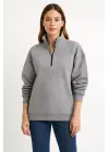 SBRD- Kadın 3 İplik Pamuklu Dık Yaka Yarım Fermuarlı Sweatshirt - Gri