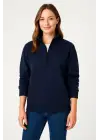 SBRD- Kadın 3 İplik Pamuklu Dık Yaka Yarım Fermuarlı Sweatshirt - Lacivert