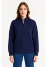 SBRD- Kadın 3 İplik Pamuklu Dık Yaka Yarım Fermuarlı Sweatshirt - Lacivert
