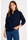 SBRD- Kadın 3 İplik Pamuklu Dık Yaka Yarım Fermuarlı Sweatshirt - Lacivert