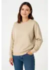 SBRD- Kadın 3 İplik Pamuklu Düz Bisiklet Yaka Sweatshirt - Bej