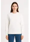 SBRD- Kadın 3 İplik Pamuklu Düz Bisiklet Yaka Sweatshirt - Beyaz
