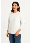 SBRD- Kadın 3 İplik Pamuklu Düz Bisiklet Yaka Sweatshirt - Beyaz