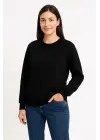 SBRD- Kadın 3 İplik Pamuklu Düz Bisiklet Yaka Sweatshirt - Siyah