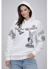 SBRD- Kadın 3 İplik Pamuklu Kapüşonlu Baskılı Sweatshirt Hoodie - Beyaz