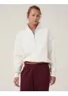 SBRD- Kadın 3 İplik Pamuklu Oversize Yarım Fermuarlı Yakalı Basic Sweatshirt - Beyaz