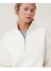 SBRD- Kadın 3 İplik Pamuklu Oversize Yarım Fermuarlı Yakalı Basic Sweatshirt - Beyaz