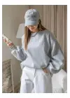 SBRD- Kadın 3 İplik Pamuklu Oversize Yarım Fermuarlı Yakalı Basic Sweatshirt - Gri
