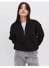 SBRD- Kadın 3 İplik Pamuklu Oversize Yarım Fermuarlı Yakalı Basic Sweatshirt - Siyah