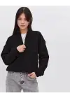 SBRD- Kadın 3 İplik Pamuklu Oversize Yarım Fermuarlı Yakalı Basic Sweatshirt - Siyah