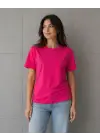 SBRD- Kadın Basic Pamuklu Tişört Bisiklet Yaka Düz Renk Relaxed Fit T-shirt - Fuşya
