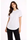 SBRD- Kadın Basic T-shirt Kısa Kol Bisiklet Yaka Oval Kesim Tişört - Beyaz
