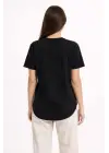 SBRD- Kadın Basic T-shirt Kısa Kol Bisiklet Yaka Oval Kesim Tişört - Siyah