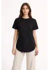 SBRD- Kadın Basic T-shirt Kısa Kol Bisiklet Yaka Oval Kesim Tişört - Siyah