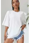 SBRD- Kadın Baskılı Oversize Kısa Kol T-shirt - Beyaz