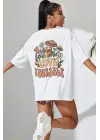 SBRD- Kadın Baskılı Oversize Kısa Kol T-shirt - Beyaz