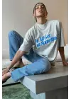 SBRD- Kadın Baskılı Oversize Kısa Kol T-shirt - Beyaz
