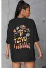 SBRD- Kadın Baskılı Oversize Kısa Kol T-shirt - Siyah