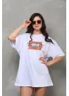SBRD- Kadın Baskılı T-shirt Kısa Kol Bisiklet Yaka Oversize Rahat Kalıp Tişört - Beyaz