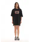 SBRD- Kadın Baskılı T-shirt Kısa Kol Bisiklet Yaka Oversize Rahat Kalıp Tişört - Siyah