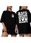 SBRD- Kadın Baskılı T-shirt Kısa Kol Bisiklet Yaka Oversize Rahat Kalıp Tişört - Siyah
