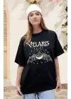 SBRD- Kadın Baskılı T-shirt Kısa Kol Bisiklet Yaka Oversize Rahat Kalıp Tişört - Siyah