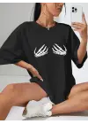 SBRD- Kadın Baskılı T-shirt Kısa Kol Bisiklet Yaka Oversize Rahat Kalıp Tişört - Siyah