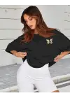 SBRD- Kadın Baskılı T-shirt Kısa Kol Bisiklet Yaka Oversize Rahat Kalıp Tişört - Siyah