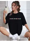 SBRD- Kadın Baskılı T-shirt Kısa Kol Bisiklet Yaka Oversize Rahat Kalıp Tişört - Siyah