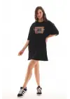 SBRD- Kadın Baskılı T-shirt Kısa Kol Bisiklet Yaka Oversize Rahat Kalıp Tişört - Siyah