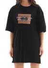 SBRD- Kadın Baskılı T-shirt Kısa Kol Bisiklet Yaka Oversize Rahat Kalıp Tişört - Siyah