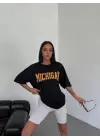 SBRD- Kadın Baskılı T-shirt Kısa Kol Bisiklet Yaka Oversize Tişört - Siyah