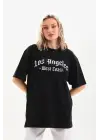 SBRD- Kadın Baskılı Tişört Kısa Kol Bisiklet Yaka Oversize T-shirt - Siyah
