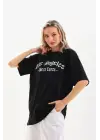 SBRD- Kadın Baskılı Tişört Kısa Kol Bisiklet Yaka Oversize T-shirt - Siyah