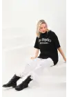 SBRD- Kadın Baskılı Tişört Kısa Kol Bisiklet Yaka Oversize T-shirt - Siyah