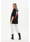 SBRD- Kadın Baskılı Tişört Kısa Kol Bisiklet Yaka Oversize T-shirt - Siyah