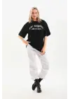SBRD- Kadın Baskılı Tişört Kısa Kol Bisiklet Yaka Oversize T-shirt - Siyah