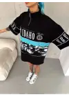 SBRD- Kadın Baskılı Yarım Fermuarlı kısa Kol T-shirt - Siyah