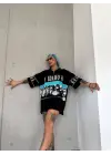 SBRD- Kadın Baskılı Yarım Fermuarlı kısa Kol T-shirt - Siyah