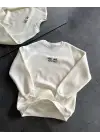 SBRD- Kadın Bisiklet Yaka 3 İplik Baskılı Oversize Sweatshirt - Beyaz