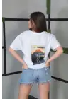 SBRD- Kadın Bisiklet Yaka Baskılı Kısa Kol Oversize T-shirt- Beyaz