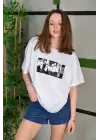 SBRD- Kadın Bisiklet Yaka Baskılı  Kısa Kol Oversize T-shirt - Beyaz