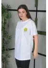 SBRD- Kadın Bisiklet Yaka Baskılı Kısa Kol Oversize T-shirt - Beyaz